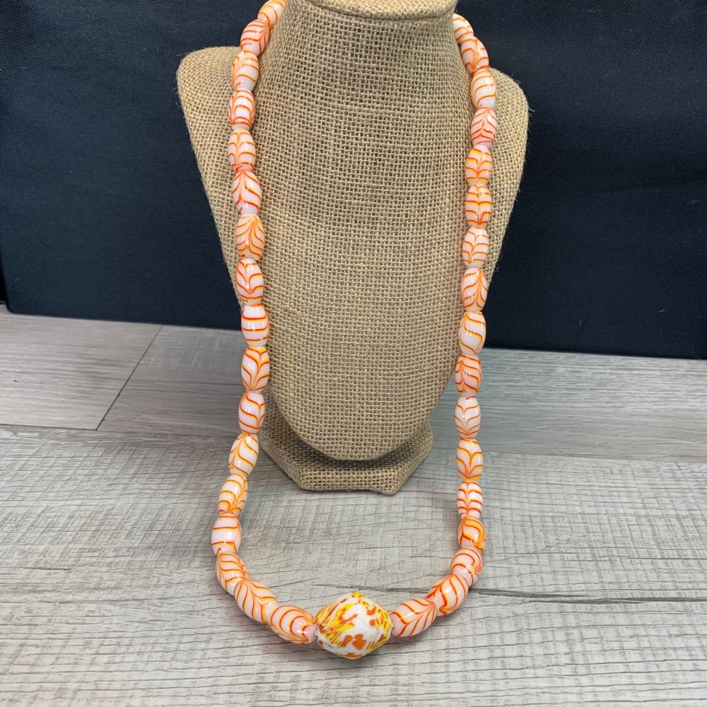 Vintage Art Glass Bead Necklace Orange Yellow White Feathered Pattern 30" 5464